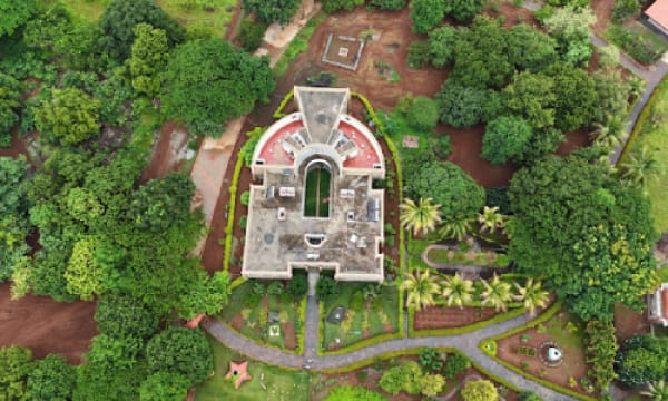 Aerial view of the lush, green campus