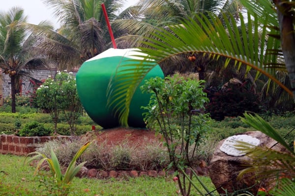 Large tender-coconut sculpture set among palm trees in the garden